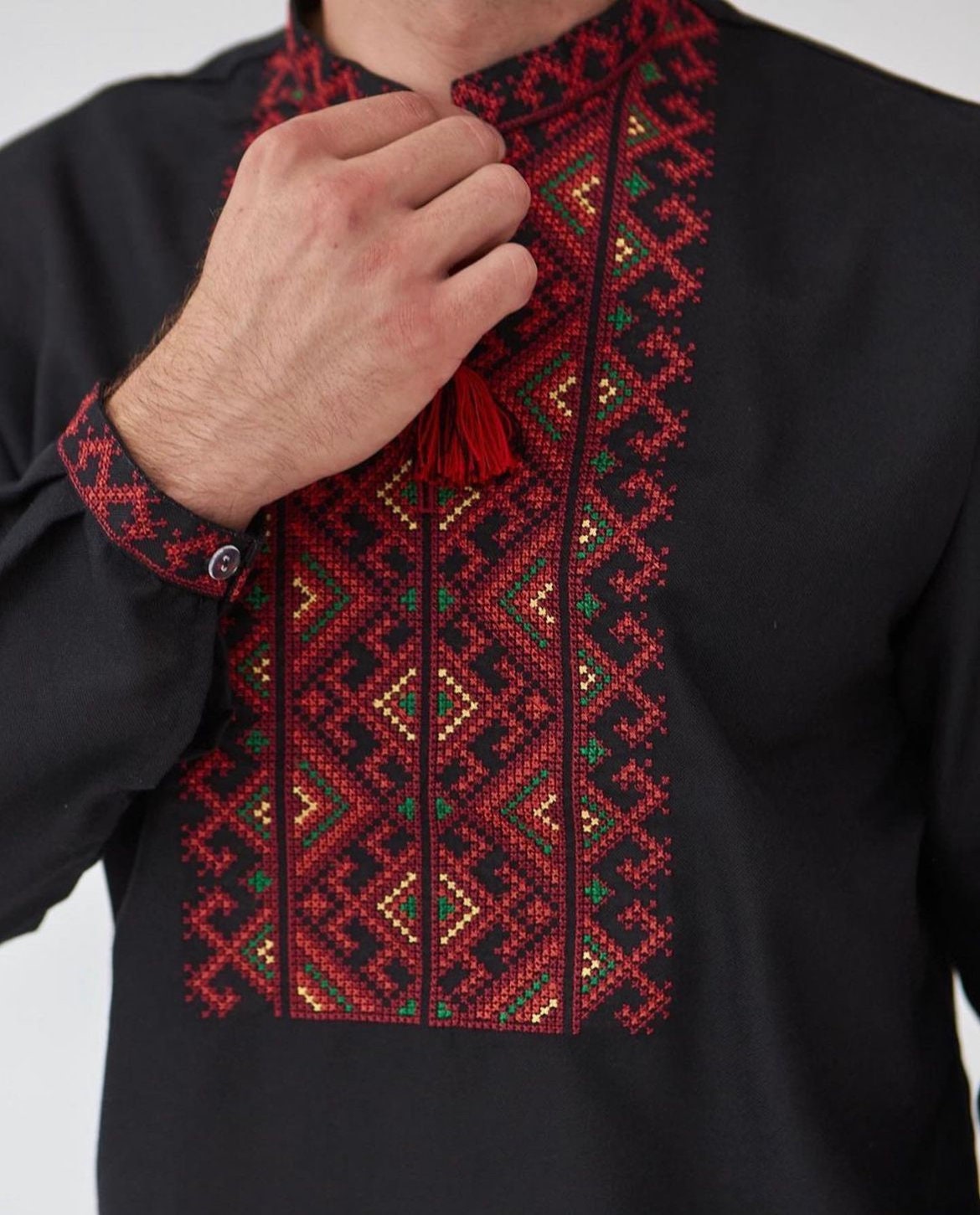 XXS-7XL Black Ukrainian Vyshyvanka Shirt with Red Embroidery for Men
