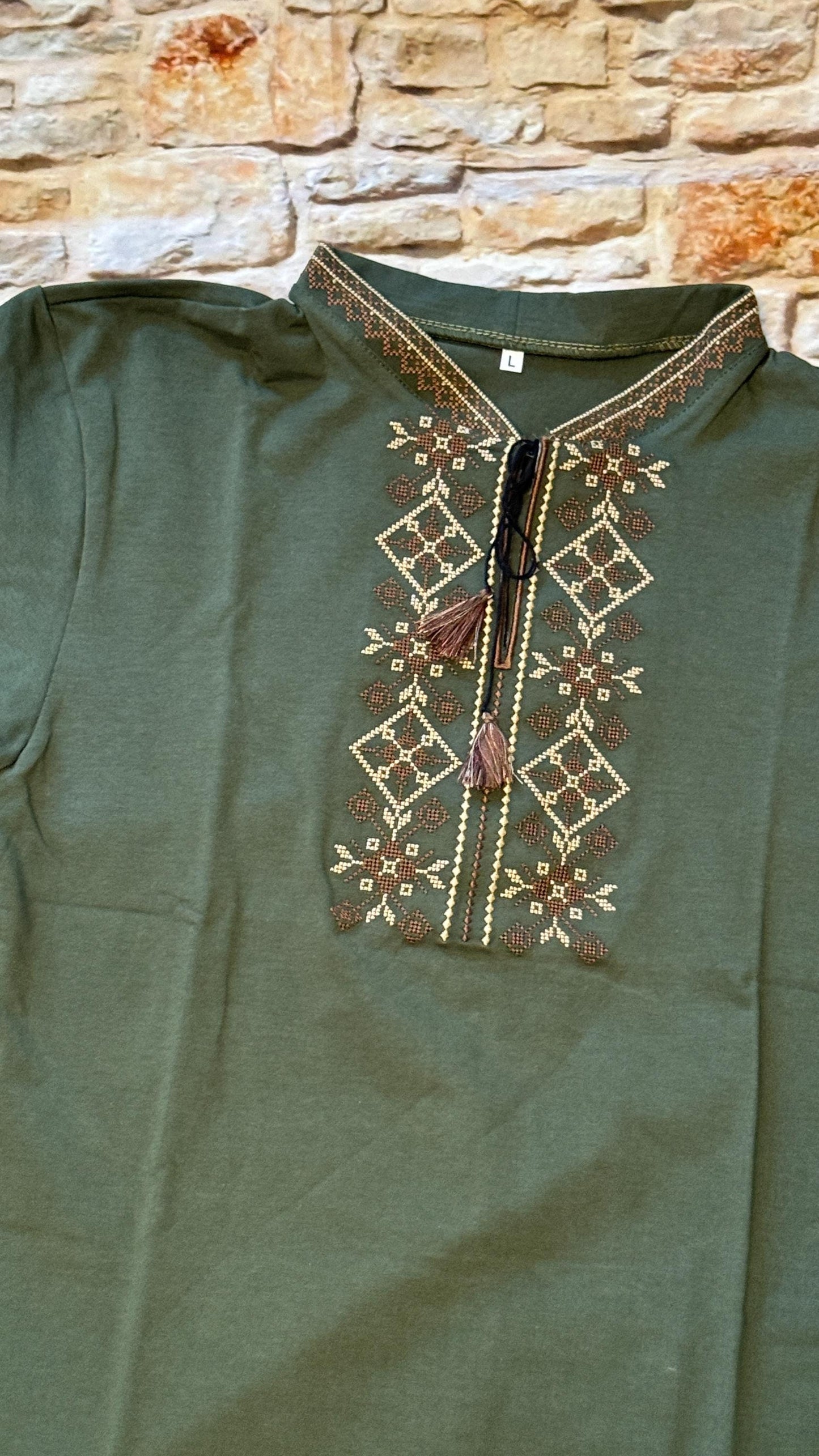 S-3XL Modern Embroidered Ukrainian T-Shirt for Men Green Base with Beige Brown Embroidery