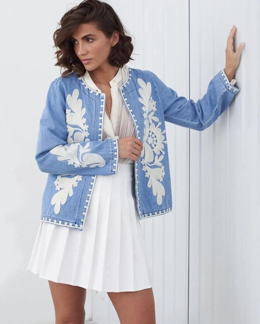 Embroidered Boho Denim Jacket for Women with Modern Embroidery