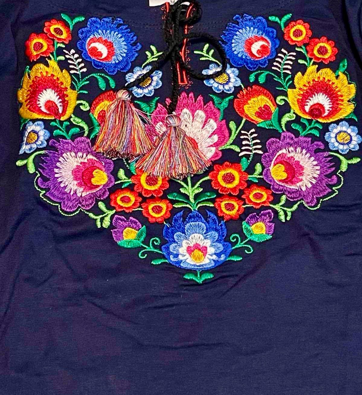 S-4XL Stylish Blue Ukrainian Blouse with Vibrant Petrykivka Floral Mix Embroidery