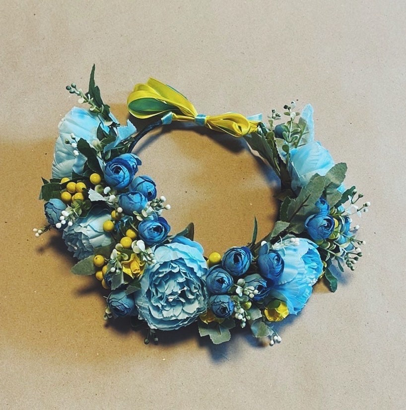 Blue and Yellow Luxury Floral Crown Boho-Chic Statement for Summer Festivals and Special Occasions