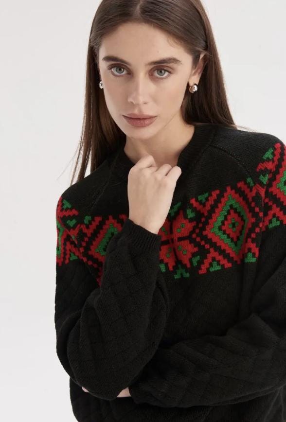 Modern Black Oversized Sweater with Ukrainian Embroidery-Inspired Motifs
