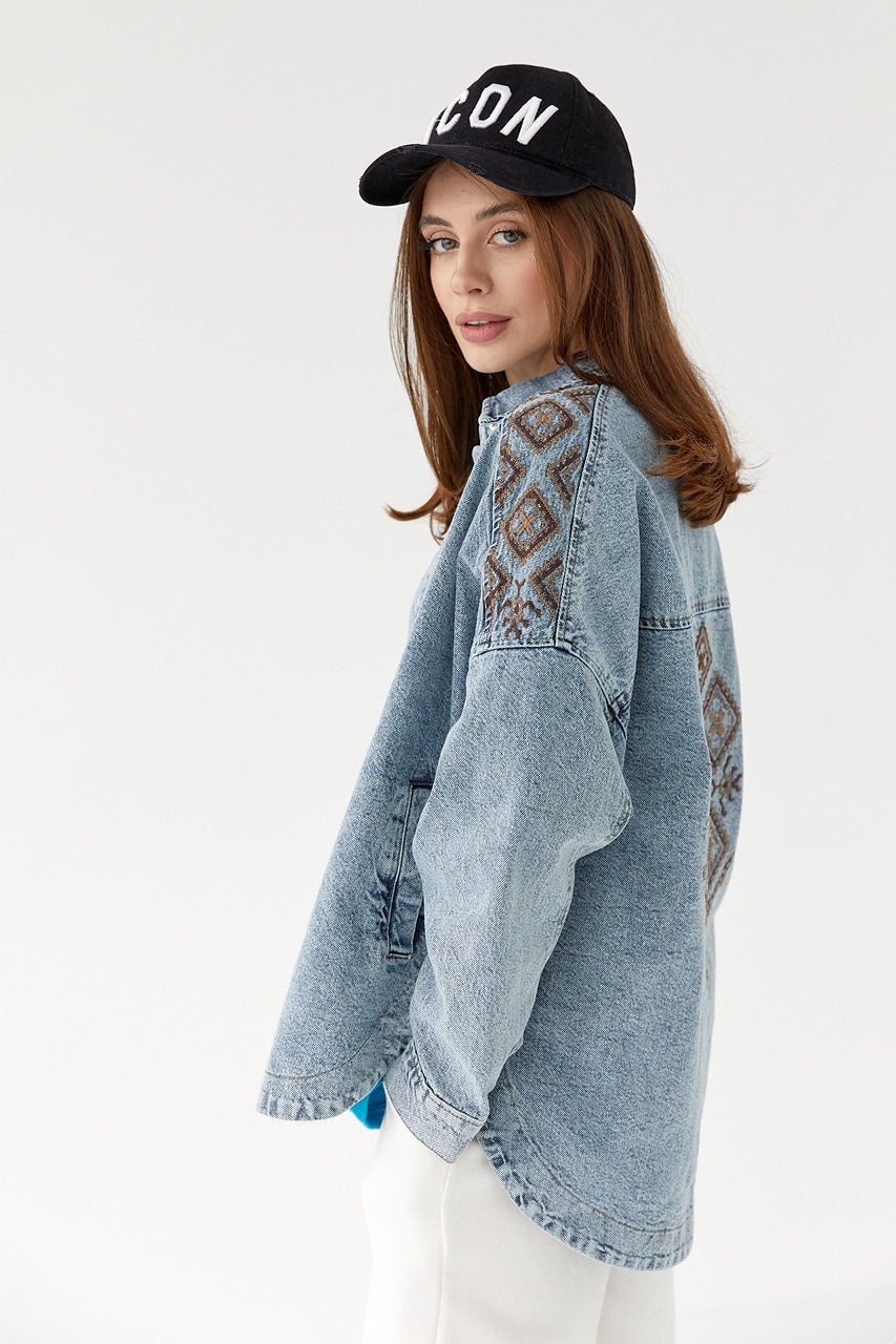 Embroidered Boho Denim Jacket Shirt for Women