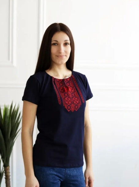 S-3XL Blue Woman Boho T-Shirt with Red Embroidery Vyshyvanka Tshirt