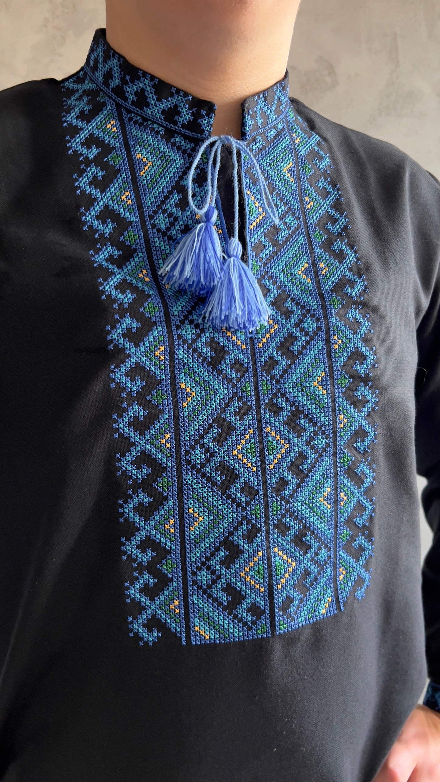 XXS-7XL Traditional Black Ukrainian Vyshyvanka with Blue Embroidery for Men