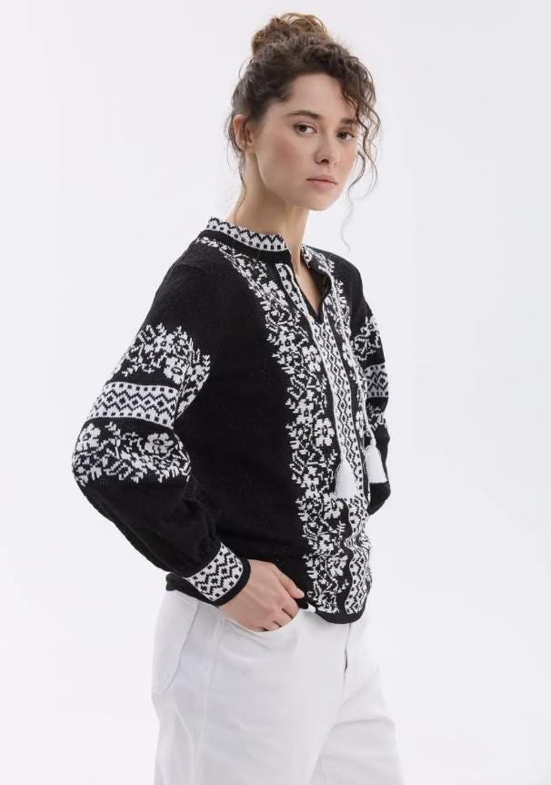 XS-4XL Knitted Black Ukrainian Blouse Crochet-Inspired Blouse with Embroidery Pattern