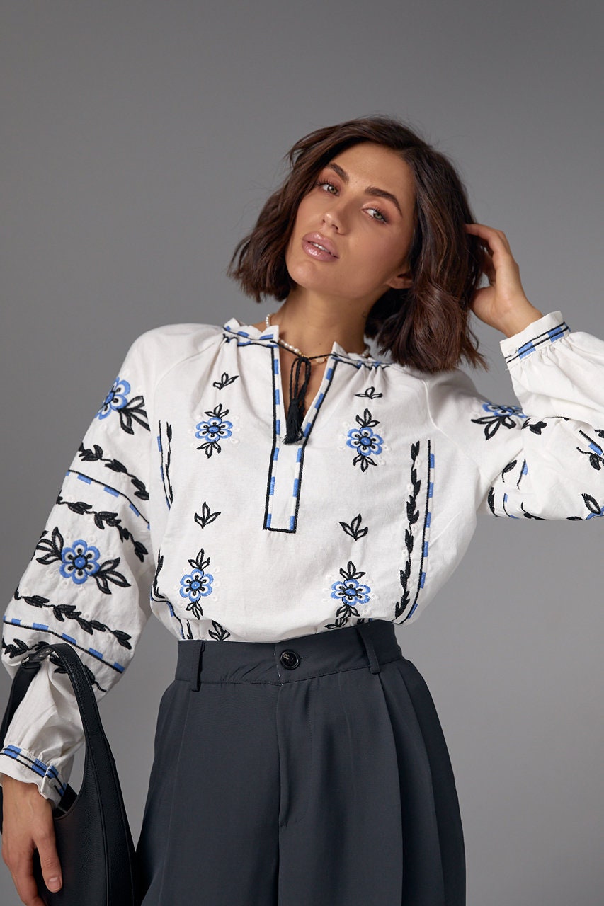 White Ukrainian Embroidered Vyshyvanka Blouse with Tender Traditional Pattern