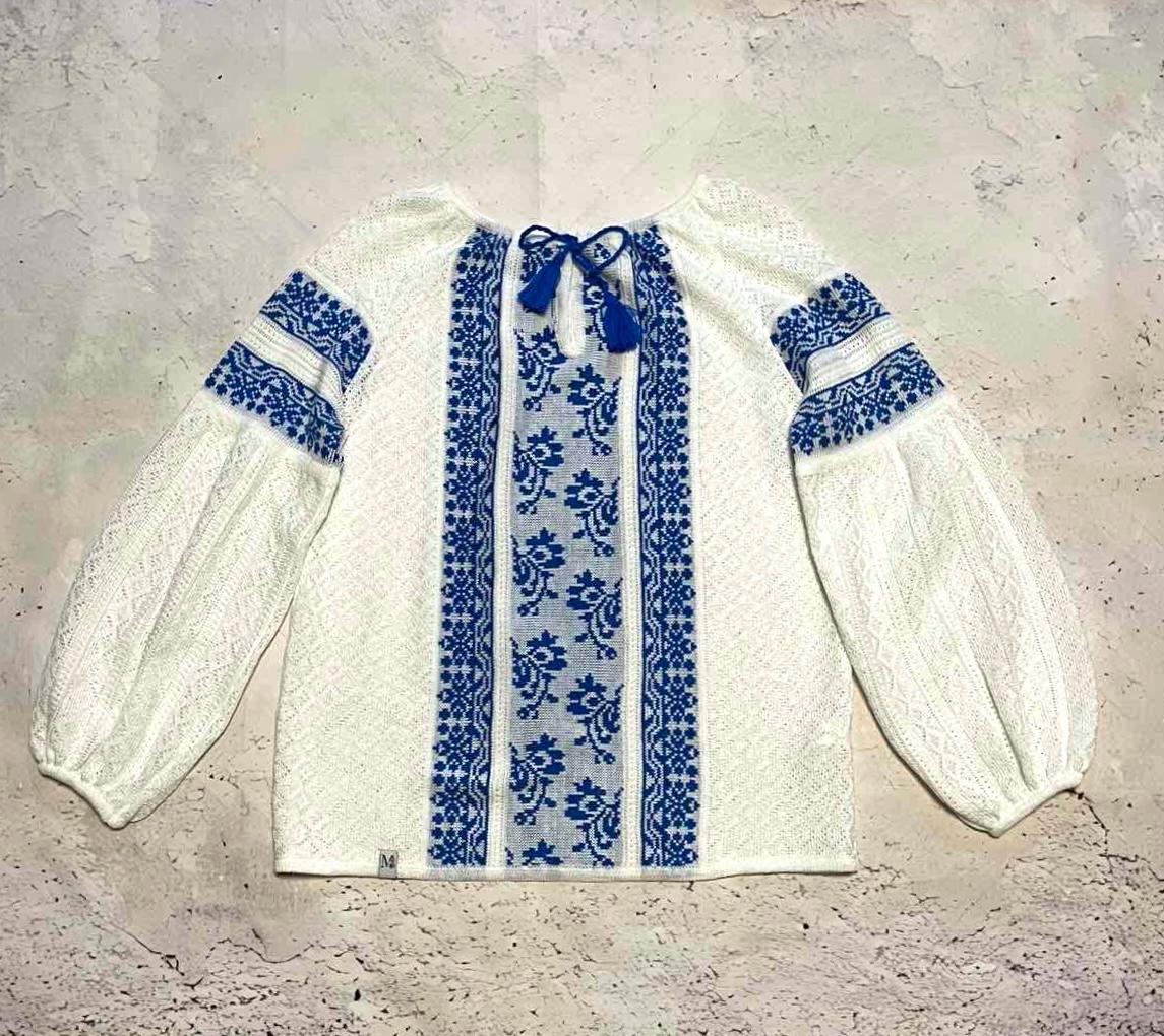 S-4XL Knitted Ukrainian Blouse – Crochet Top with Beautiful Blue Embroidery Pattern