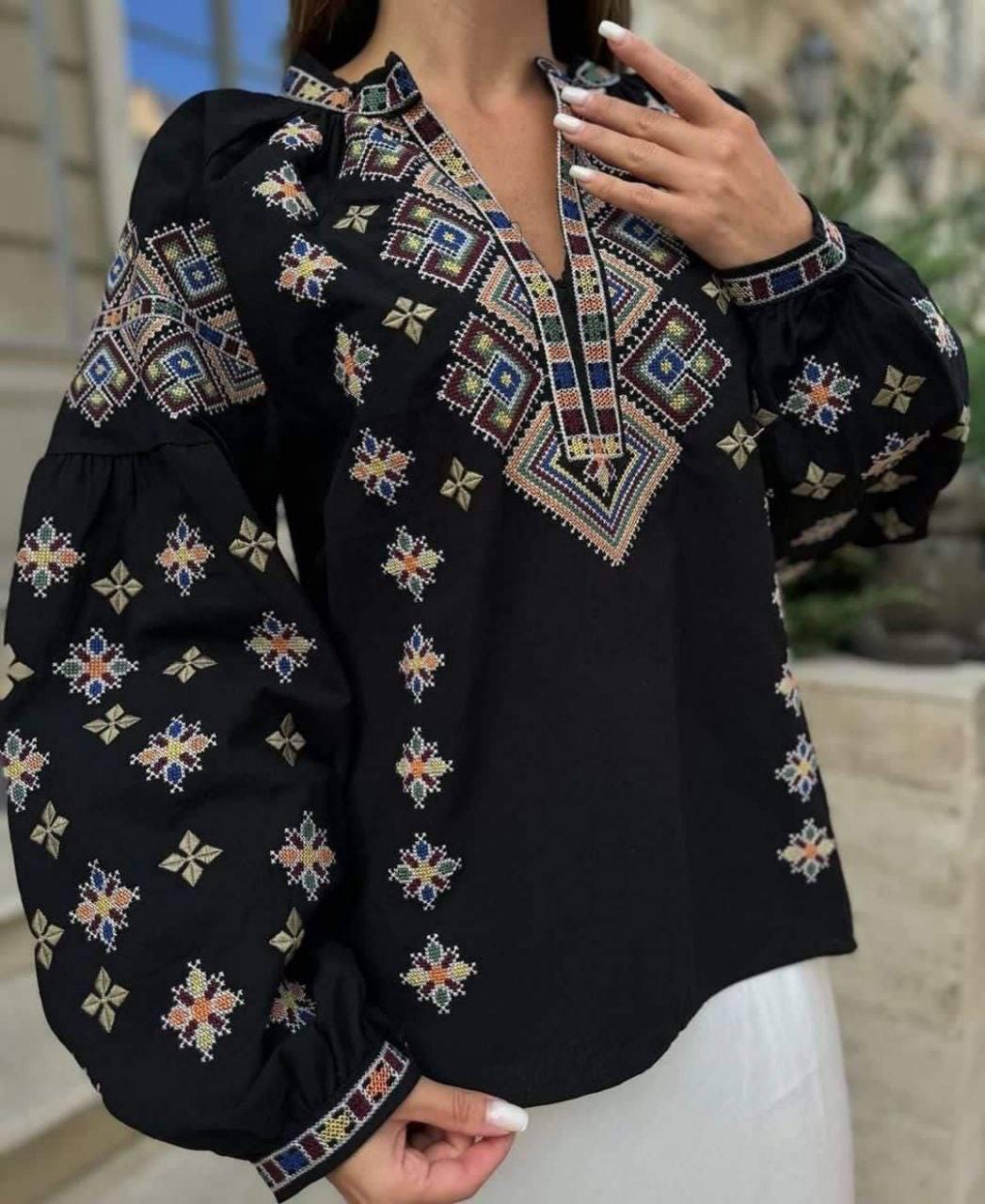 S-3XL Gorgeous Black Boho Summer Blouse with Geometric Embroidery