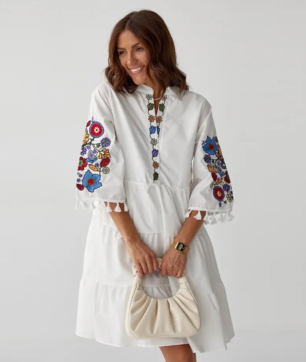 Classy Embroidered White Summer Folk Nouveau Dress for Women