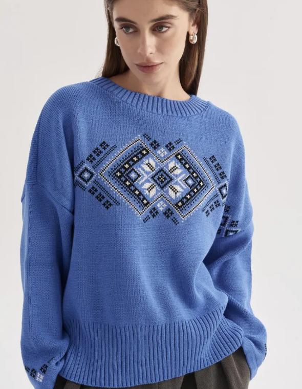 Geometric Oversize Blue Sweater – Bold and Cozy Design