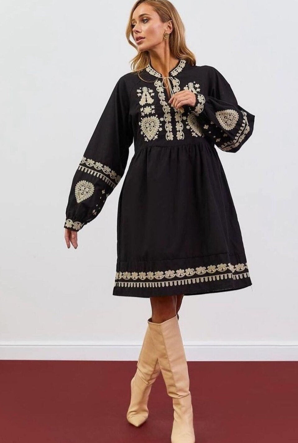 Stylish Embroidered Oversize Black Summer Boho Vyshyvanka Dress