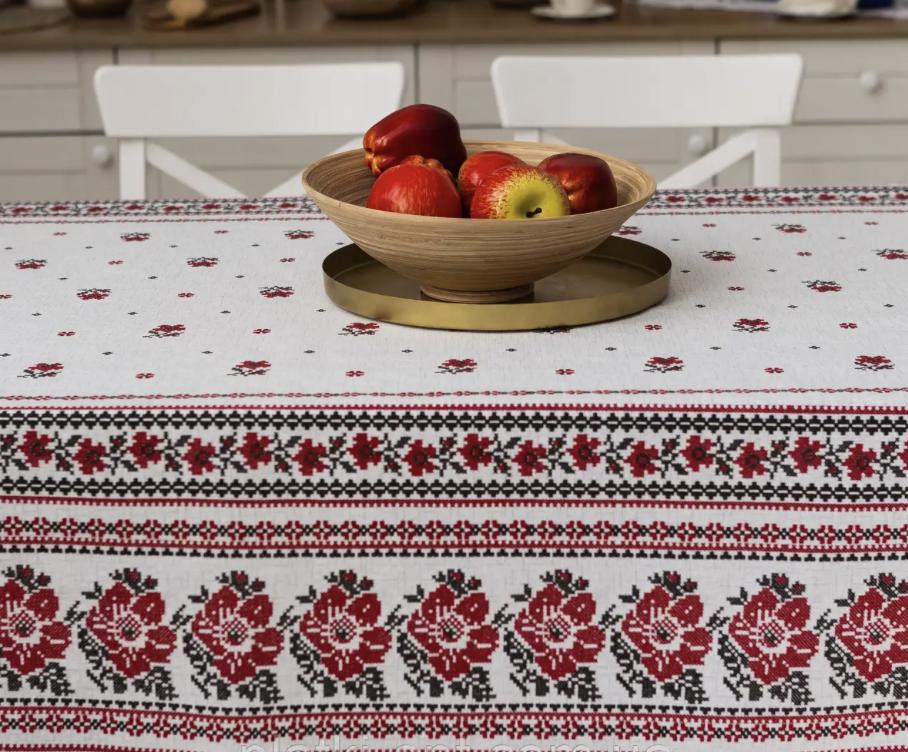 Traditional Ukrainian Tablecloth with Red Folk Embroidery Pattern