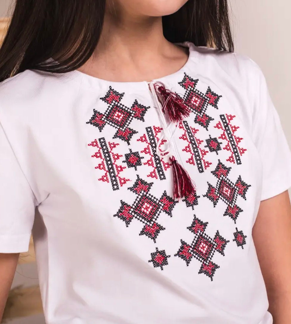 Modern Ukrainian Cotton Embroidered Vyshyvanka T-Shirt Blouse for Girls