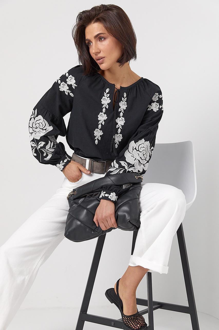 S-XL Elegant Black Boho Blouse for Women with Floral Embroidery