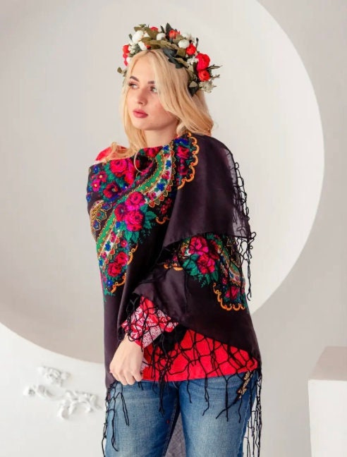Large Black Floral Shawl with Tassels Babushka Scarf from Ukraine