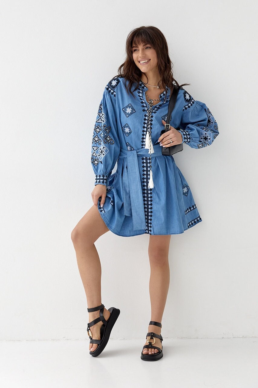 Gorgeous Blue Embroidered Summer Folk Nouveau Dress for Women