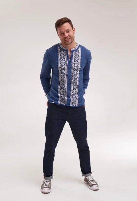 S-4XL Modern Blue Knitted Linen Ukrainian Shirt for Men