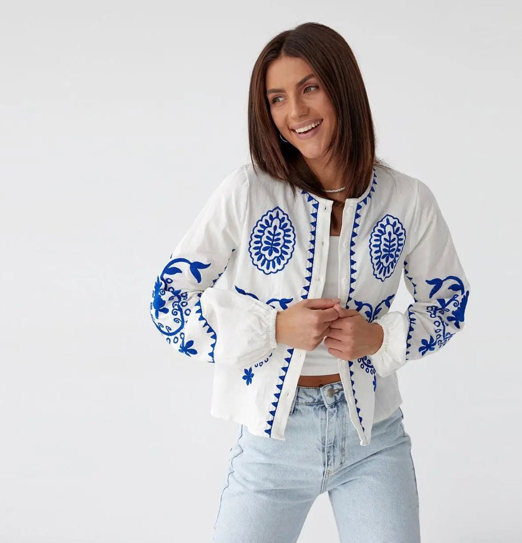 Bohemian Style Embroidered Cape Blouse Crop Top with Blue Embroidery