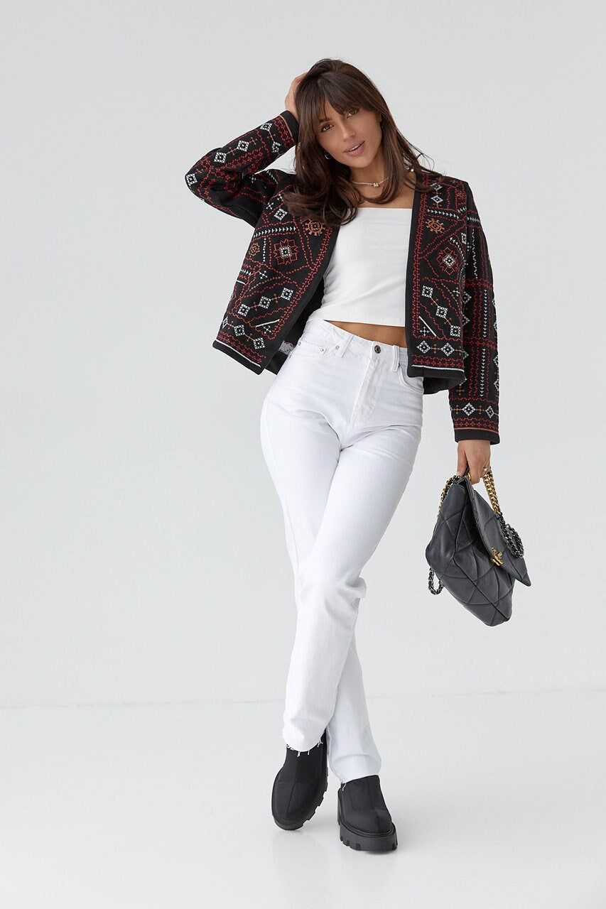 Boho Folk-Inspired Cropped Blazer with Red & White Geometric Stitching