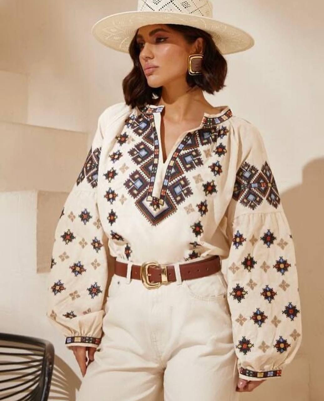 S-3XL Gorgeous Cream Boho Summer Resort-Style Folk Nouveau Vacation Blouse
