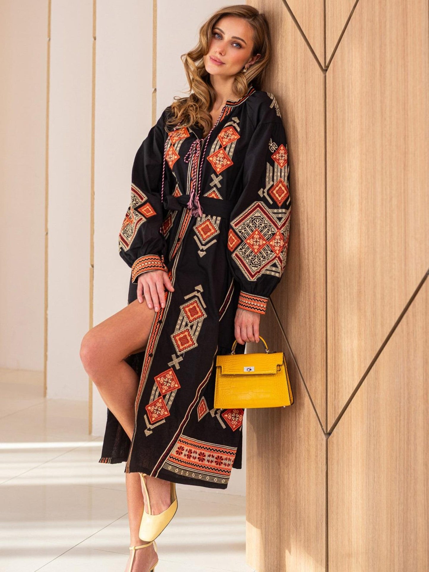 Embroidered Maxi Ukrainian Folk-Inspired Long Sleeve Dress with Geometric Patterns