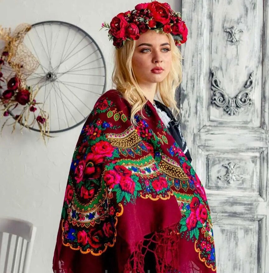 Large Burgundy Floral Ethnic Ukrainian Wool Shawl with Tassels