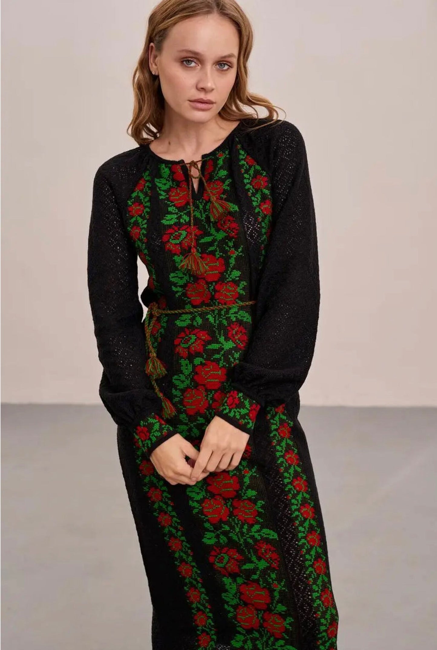 Sophisticated Chic Knitted Black Linen Bohemian Vyshyvanka Dress With Floral Pattern
