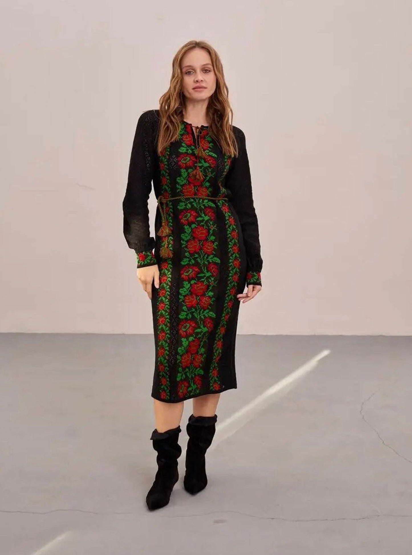 Sophisticated Chic Knitted Black Linen Bohemian Vyshyvanka Dress With Floral Pattern