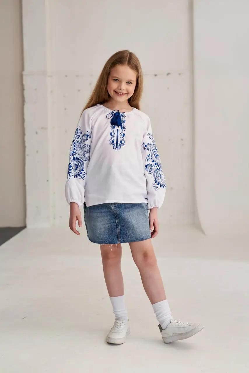 Elegant Modern Cotton Ukrainian Blouse for Girls with Floral Embroidery Motif