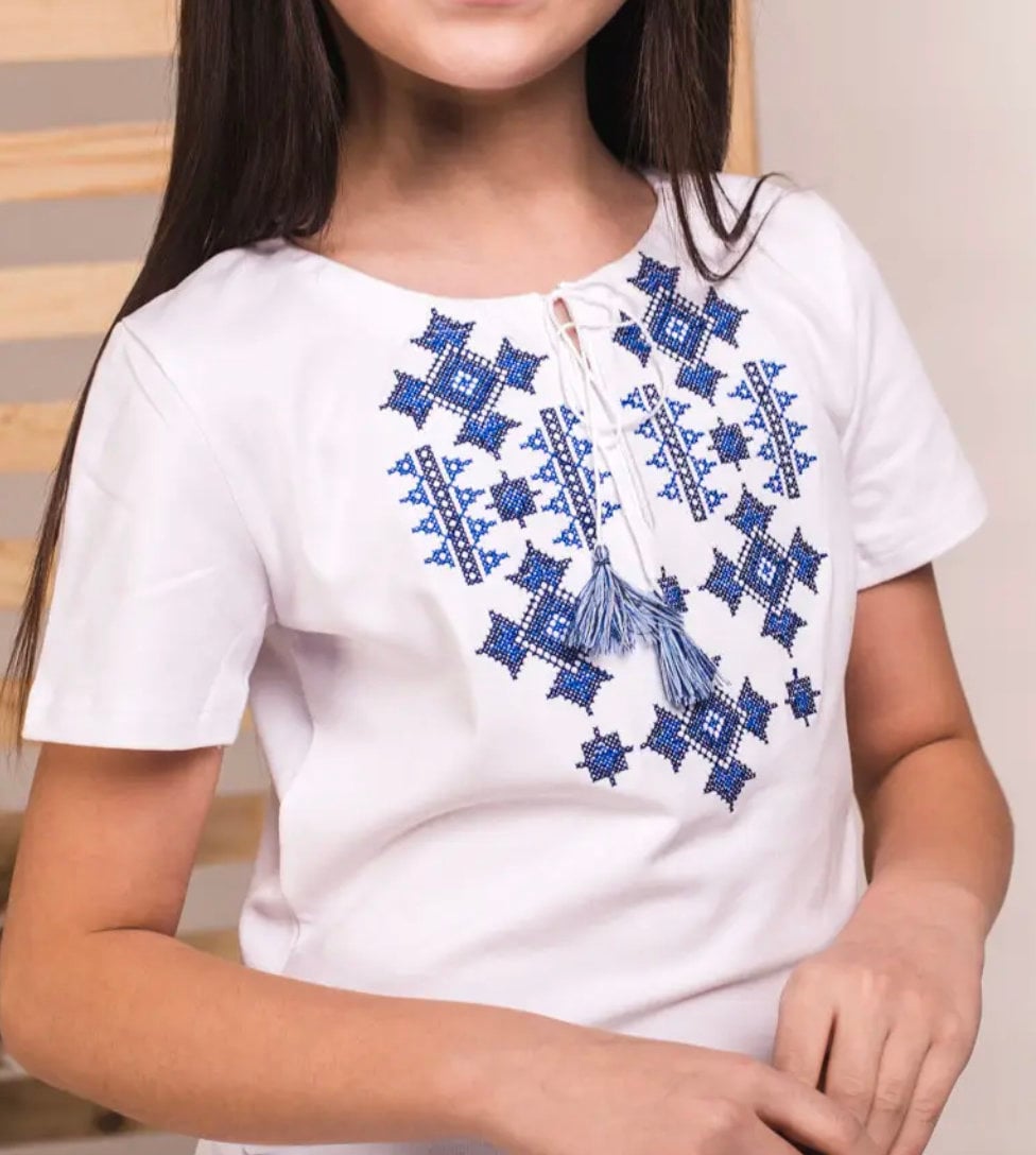 Modern Cotton Ukrainian Vyshyvanka T-Shirt for Girls with Blue Embroidery
