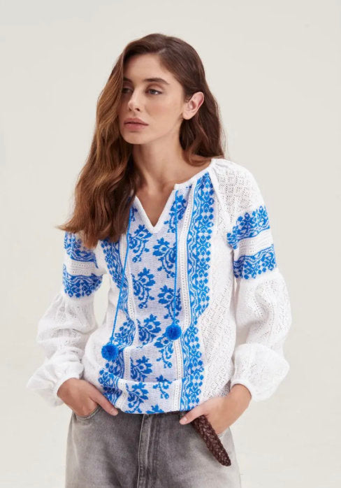 S-4XL Knitted Ukrainian Blouse – Crochet Top with Beautiful Blue Embroidery Pattern