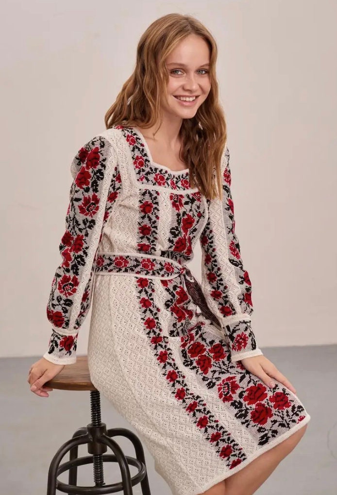 XS-4XL Timeless Classy Knitted Ukrainian Dress with Floral Pattern
