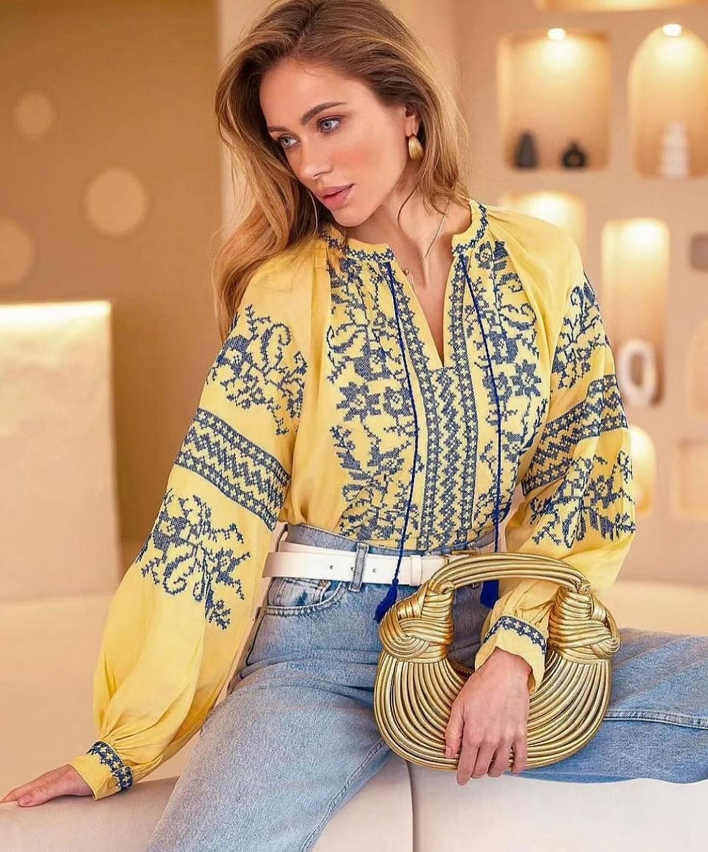 Yellow Vyshyvanka for Women with Traditional Slavic Embroidery