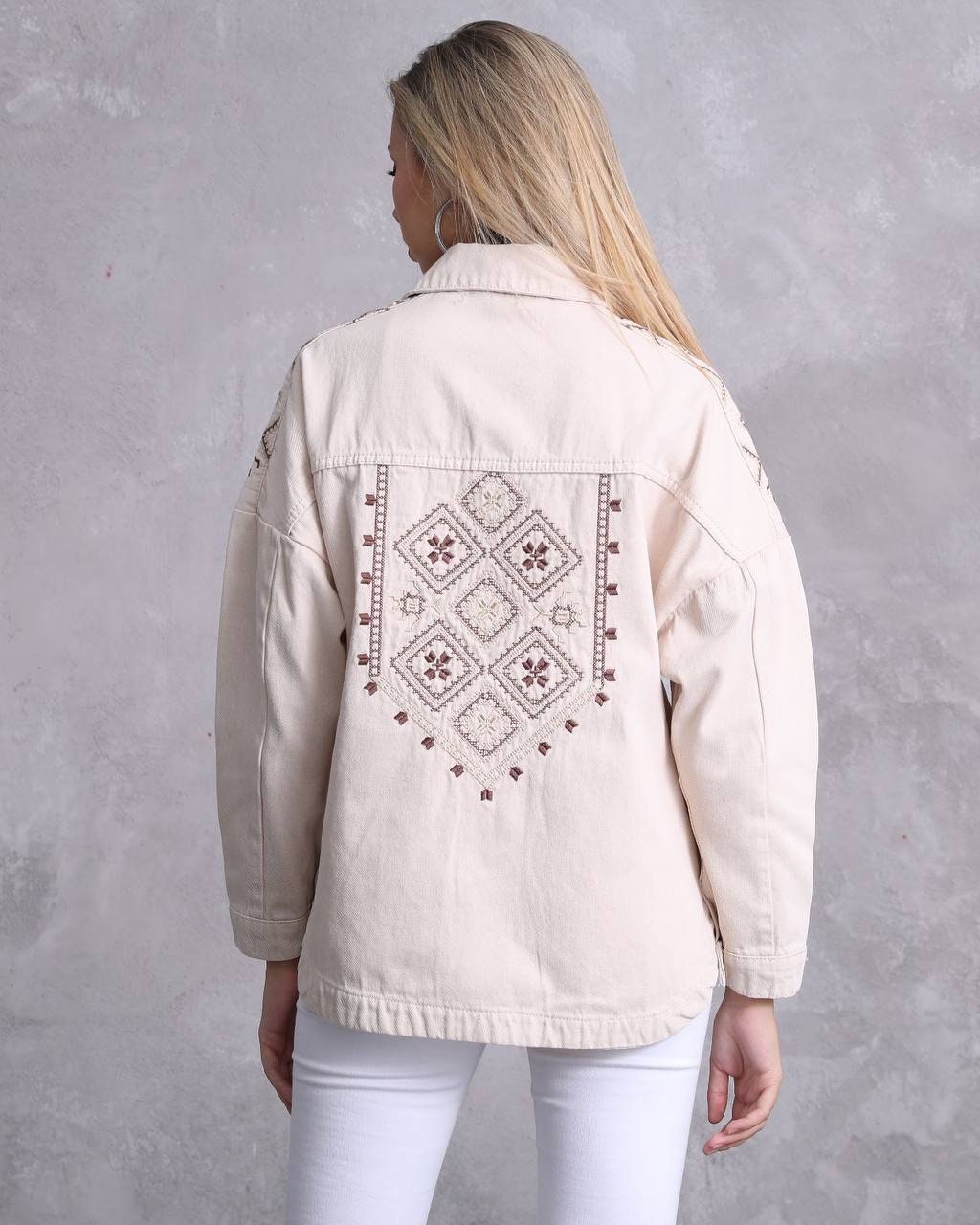 Oversized Folk-Inspired Jacket with Beige Diamond Embroidery