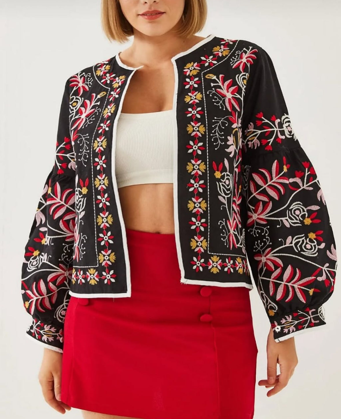 High Quality Black Crop Top Boho Summer Embroidered Floral Jacket for Women
