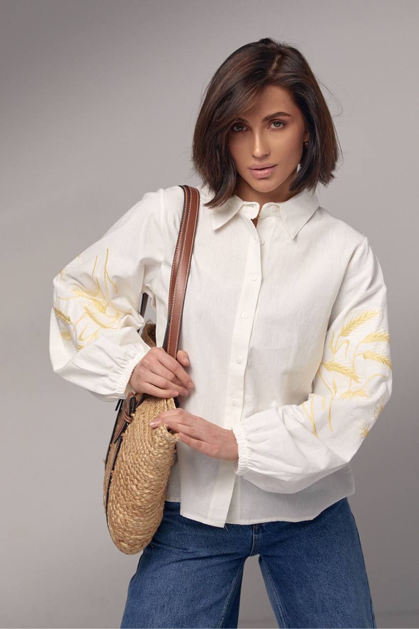 Embroidered Summer Shirt for Women Bold White Base and Rye Corn Motif