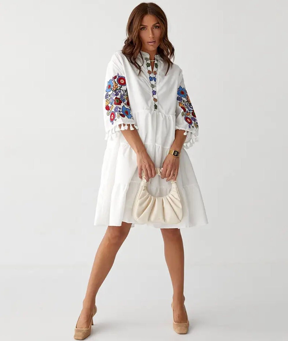 Classy Embroidered White Summer Folk Nouveau Dress for Women