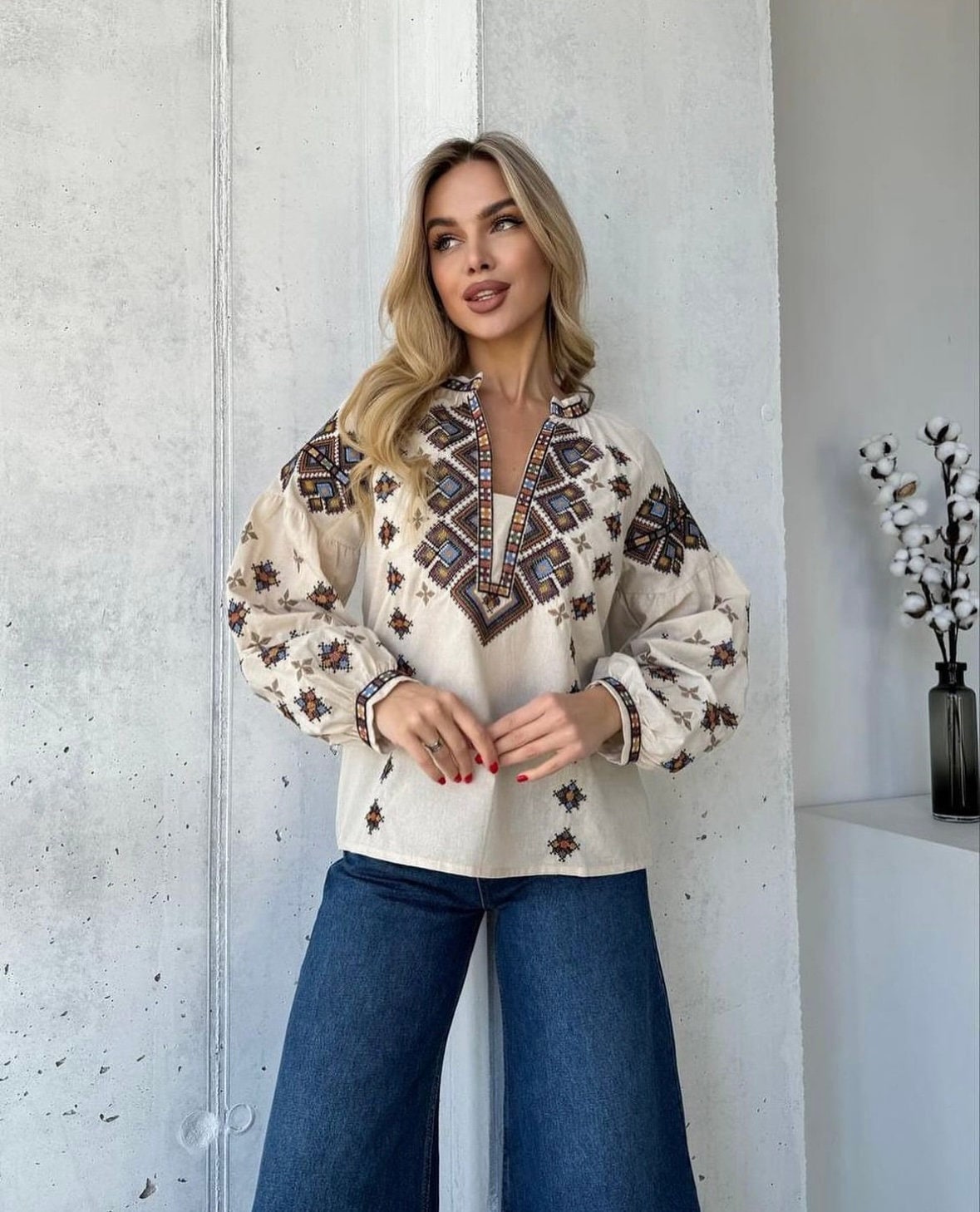 S-3XL Gorgeous Cream Boho Summer Resort-Style Folk Nouveau Vacation Blouse