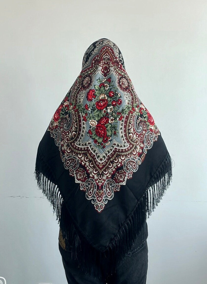 Gorgeous Extra-Large Black Traditional Ukrainian Floral Scarf