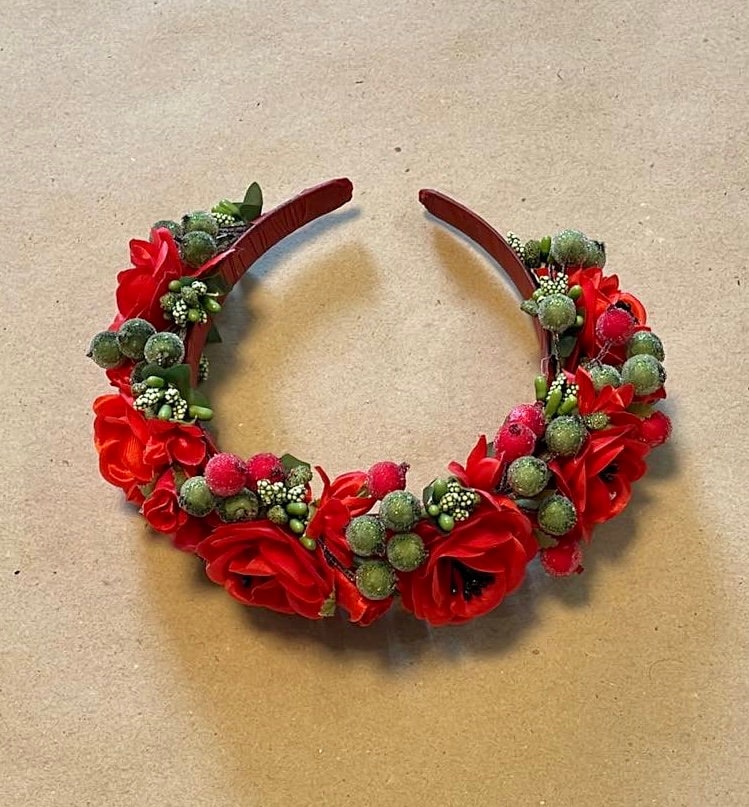 Fantasy Handmade Ukrainian Floral Crown Red Flowers Green Berries
