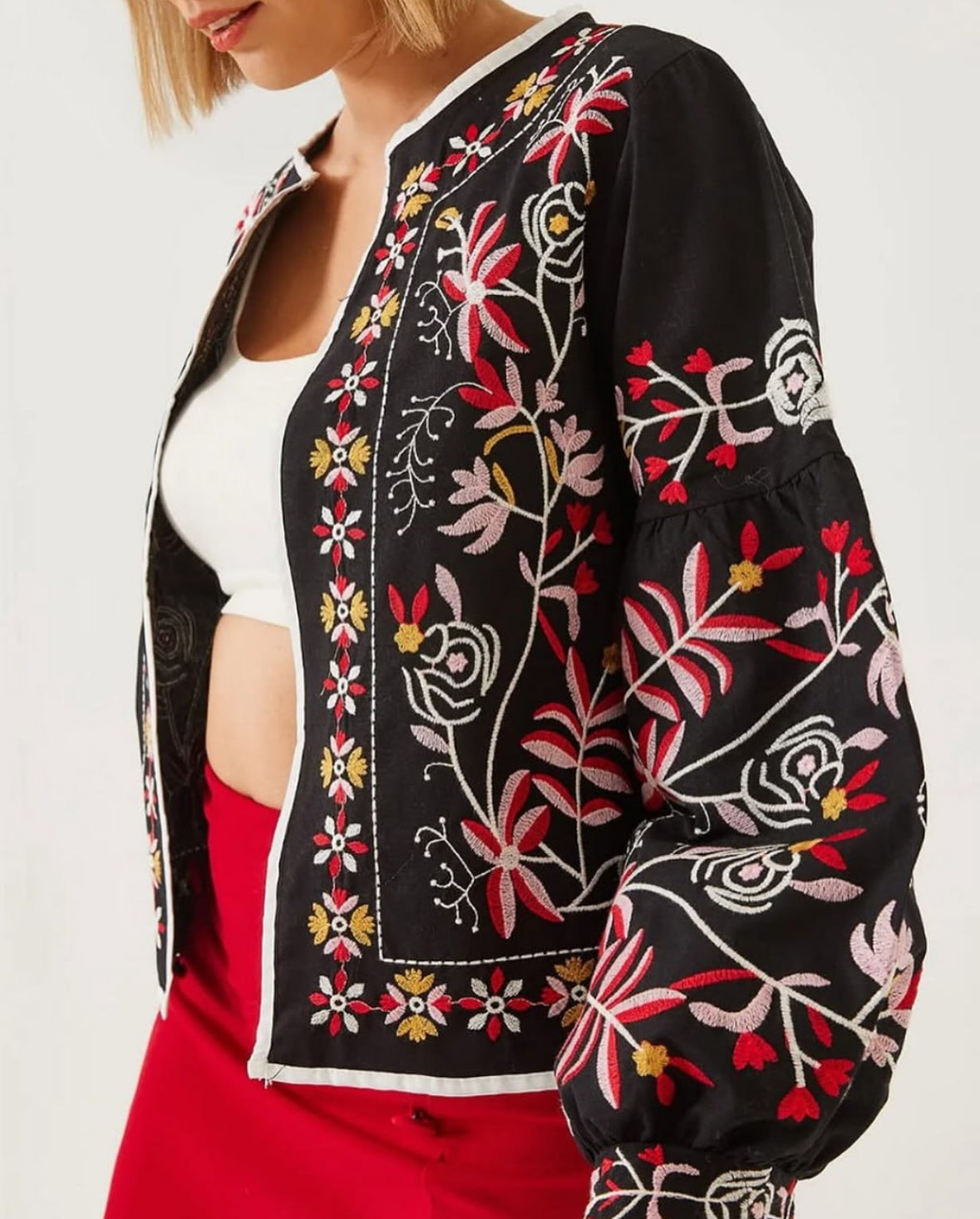 High Quality Black Crop Top Boho Summer Embroidered Floral Jacket for Women