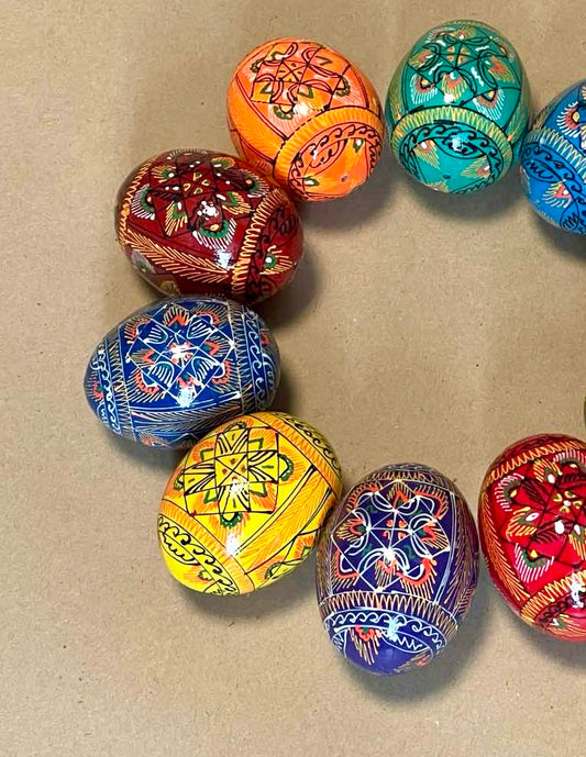 Set of 10 Wooden Easter Handpainted Pysanka Eggs, Ukrainian Easter Egg Set