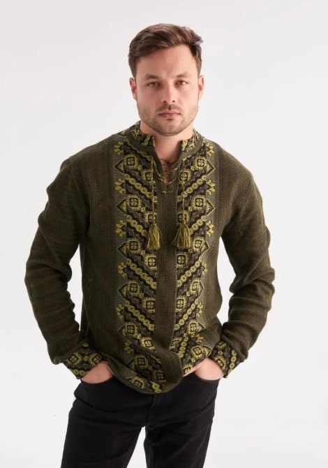 S-4XL Modern Knit Olive Boho Shirt Green Olive Summer Sorochka