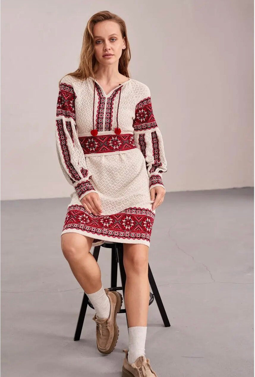 Everyday Luxury Knitted Crochet Boho Dress with Red Embroidery