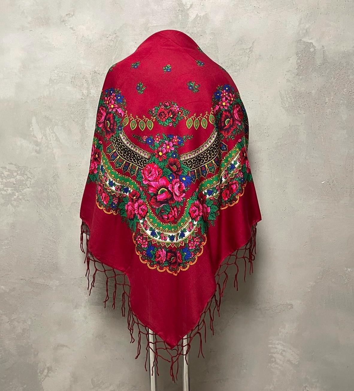 Large Burgundy Floral Ethnic Ukrainian Wool Shawl with Tassels