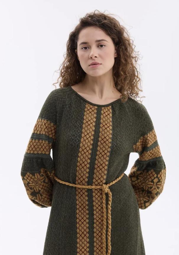 Ultra-stylish Long Summer Linen Crochet Vyshyvanka Dress In Olive Color