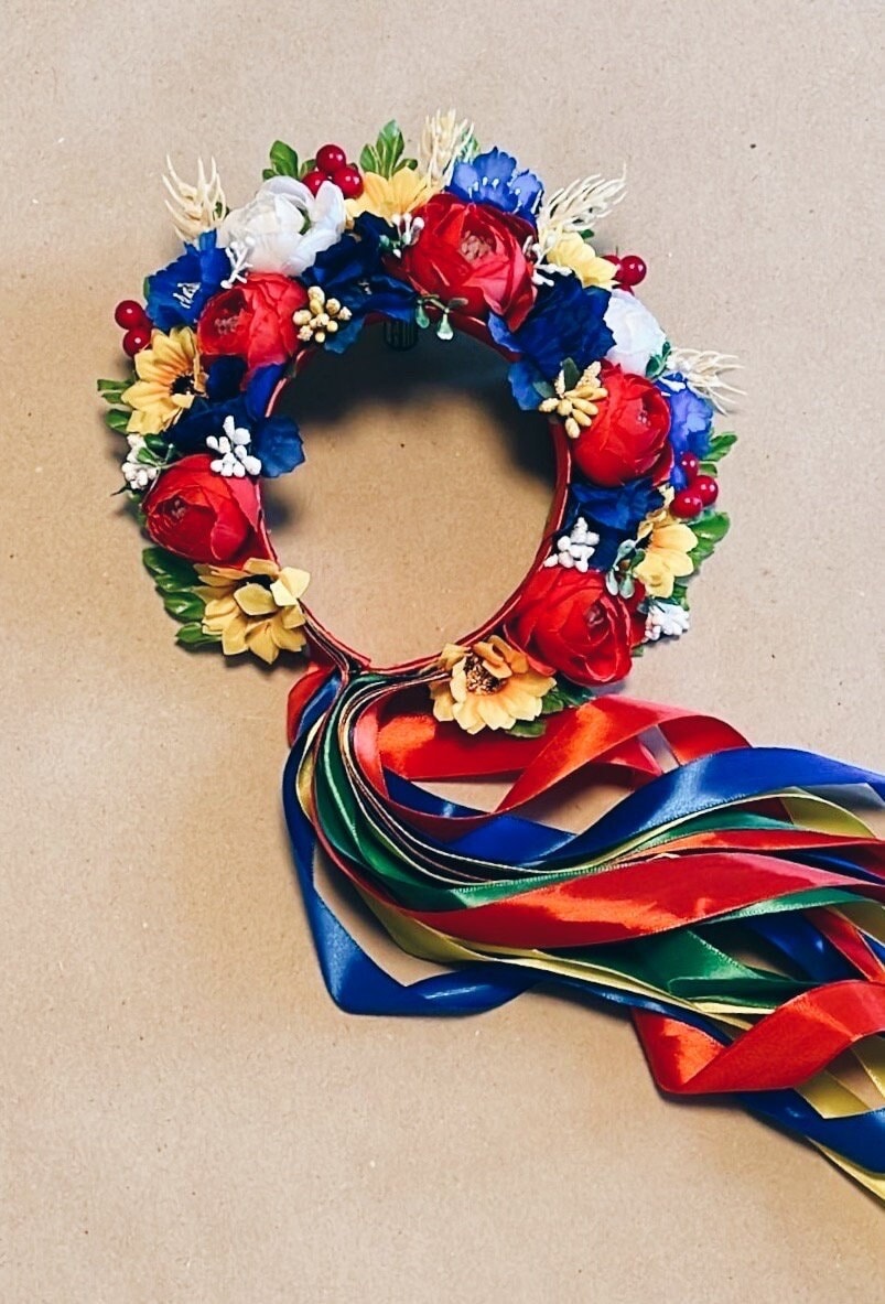 Luxury Flower Ukrainian Headband Ears of Corn Traditional Flowers and Mixed Color Ribbons