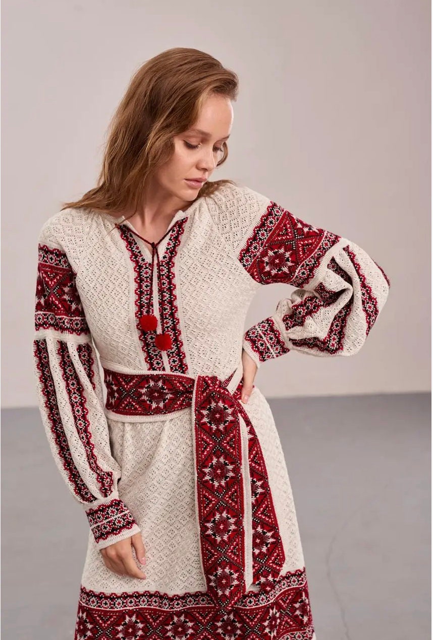 Everyday Luxury Knitted Crochet Boho Dress with Red Embroidery