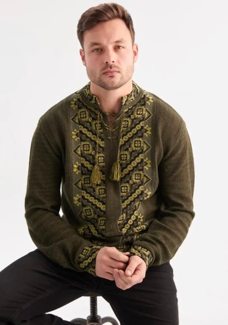 S-4XL Modern Knit Olive Boho Shirt Green Olive Summer Sorochka